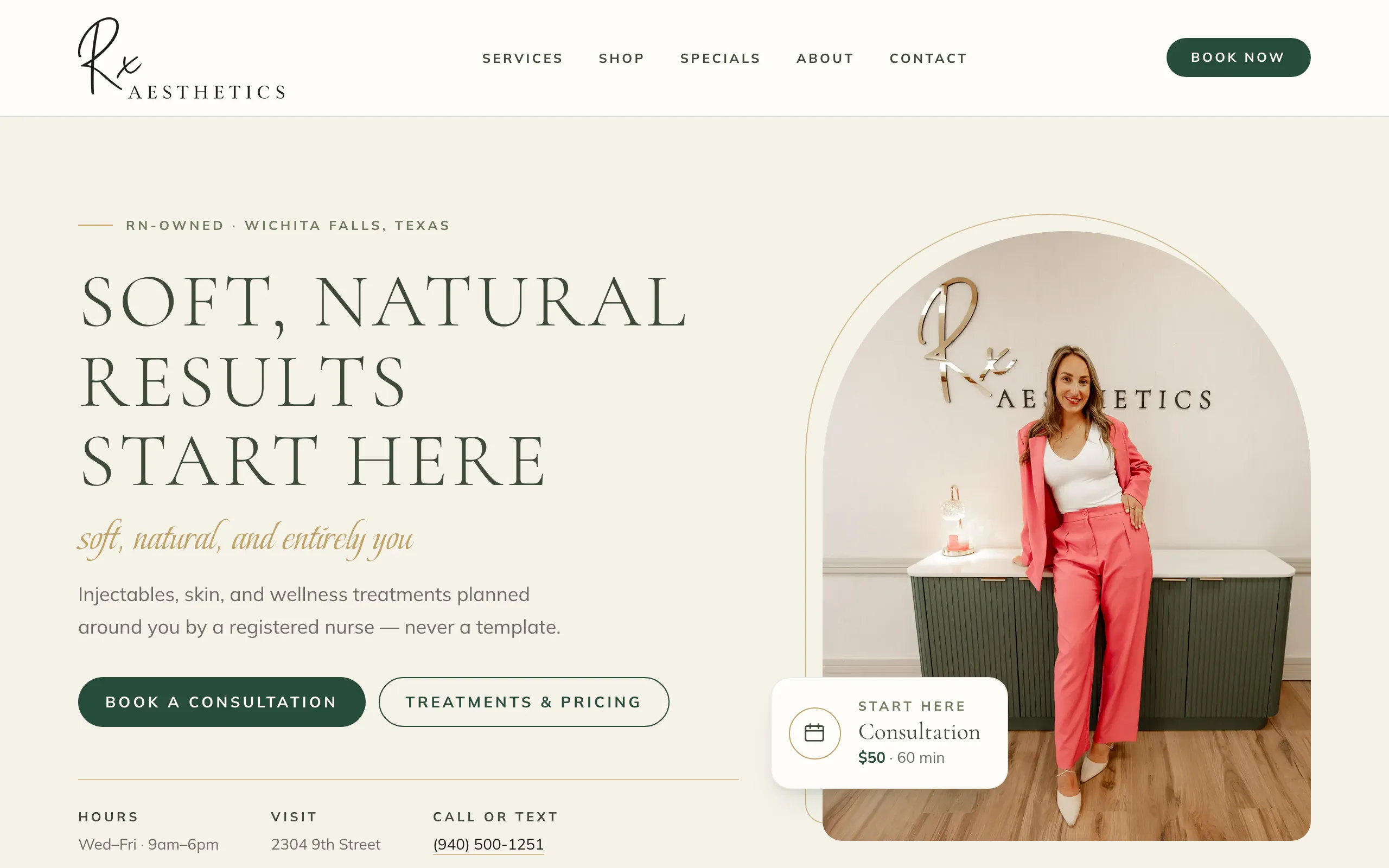 The RxAesthetics public home page: the heading “Soft, natural results start here”, buttons to book a consultation and to see treatments and pricing, and a photograph of the clinic’s owner.