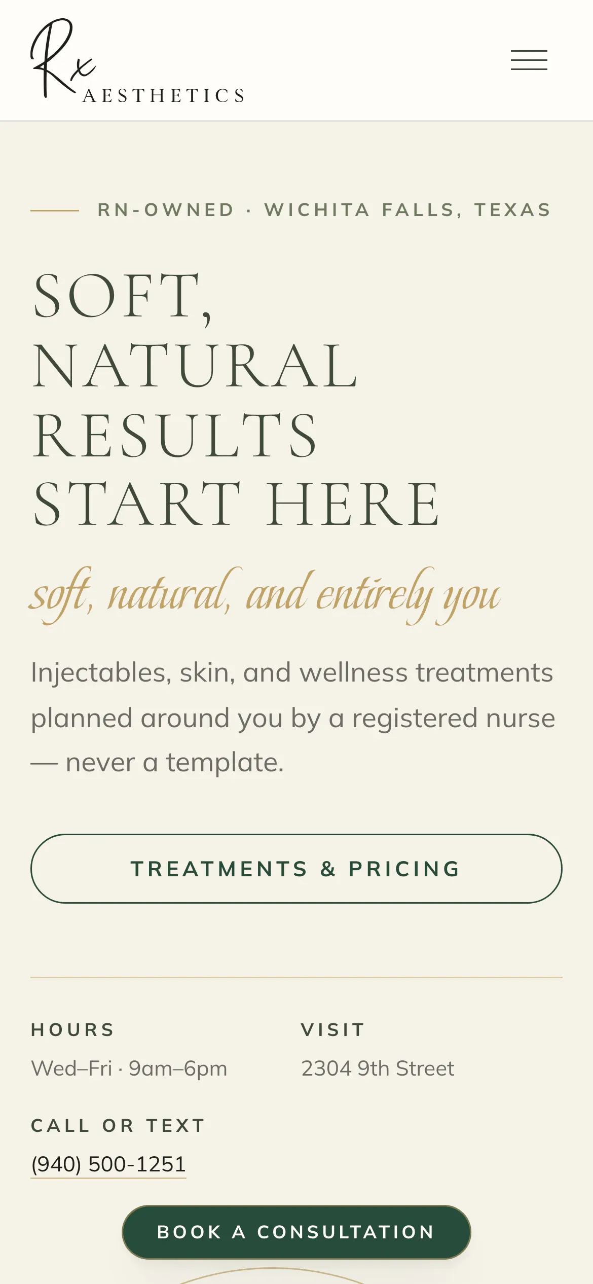 The RxAesthetics public home page on a phone: the heading “Soft, natural results start here” and a button to see treatments and pricing.