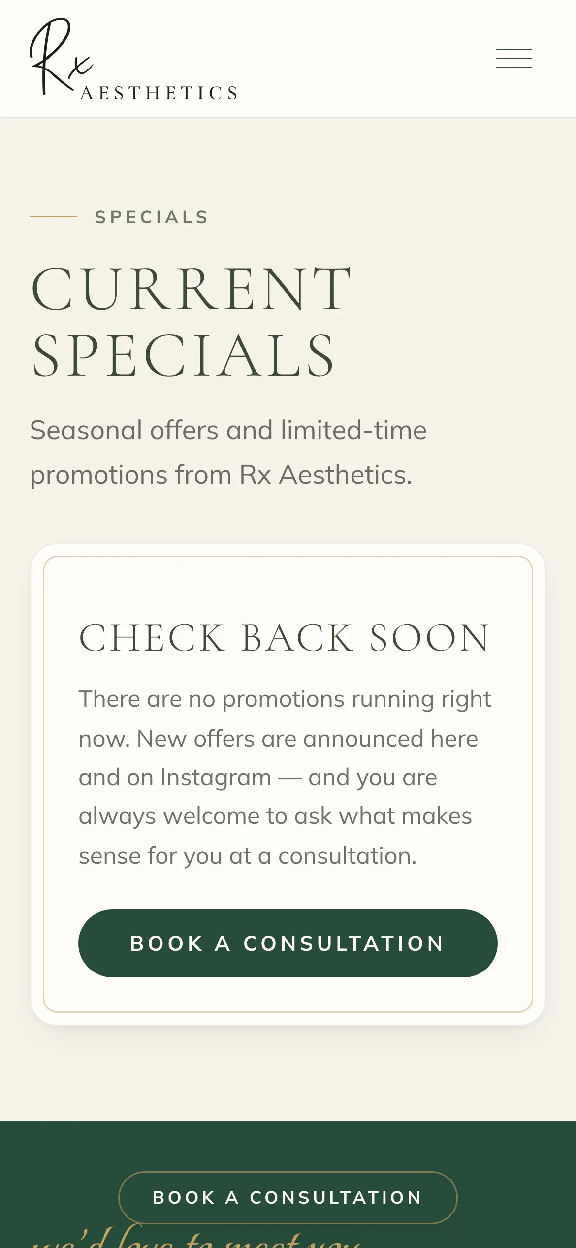 The RxAesthetics Specials page on a phone: “Check back soon. There are no promotions running right now.”